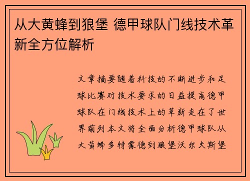从大黄蜂到狼堡 德甲球队门线技术革新全方位解析