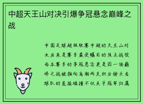 中超天王山对决引爆争冠悬念巅峰之战