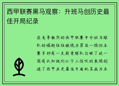西甲联赛黑马观察：升班马创历史最佳开局纪录