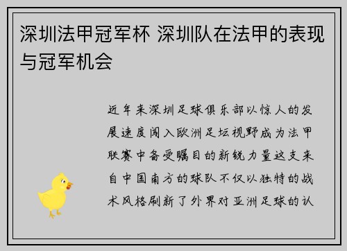 深圳法甲冠军杯 深圳队在法甲的表现与冠军机会