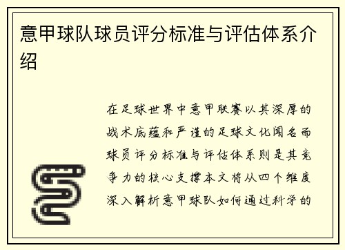意甲球队球员评分标准与评估体系介绍