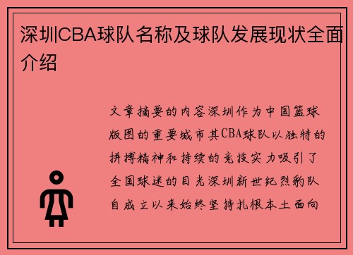 深圳CBA球队名称及球队发展现状全面介绍