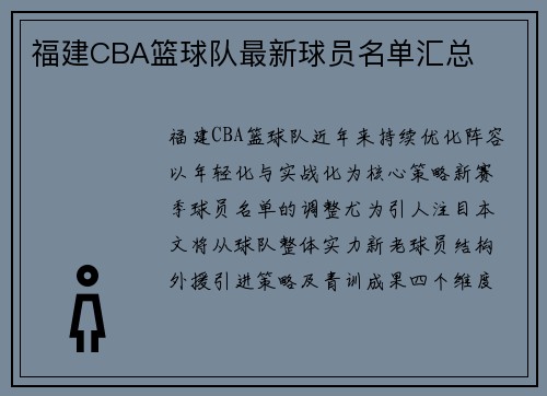 福建CBA篮球队最新球员名单汇总
